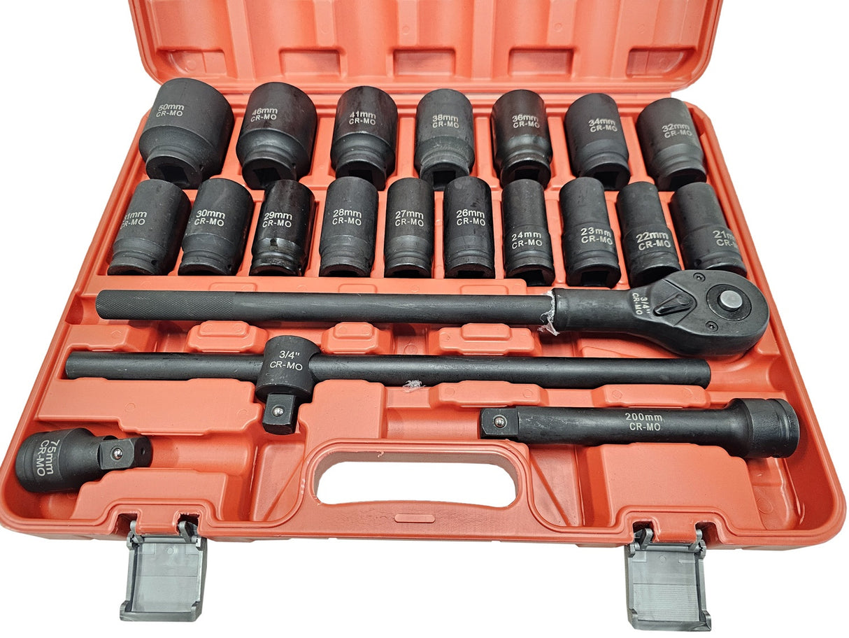 LONG IMPACT SOCKET AND WRENCH SET | CR-MO | 6-POINT | 20 MM (3/4") | 21 PCS. (SLS21A)
