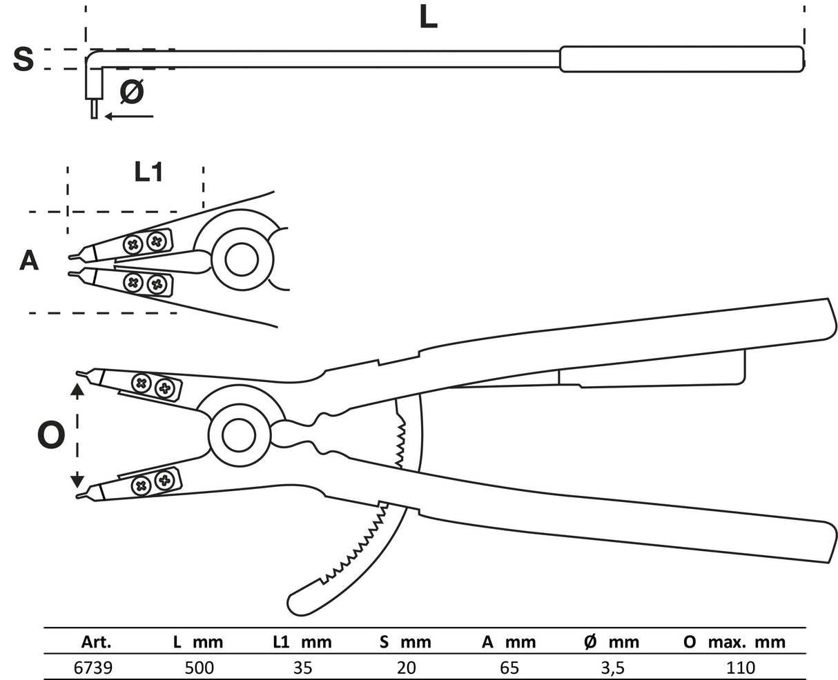 CIRCLIP PLIERS | ANGLED | FOR OUTSIDE CIRCLIPS | 500 MM (6739)