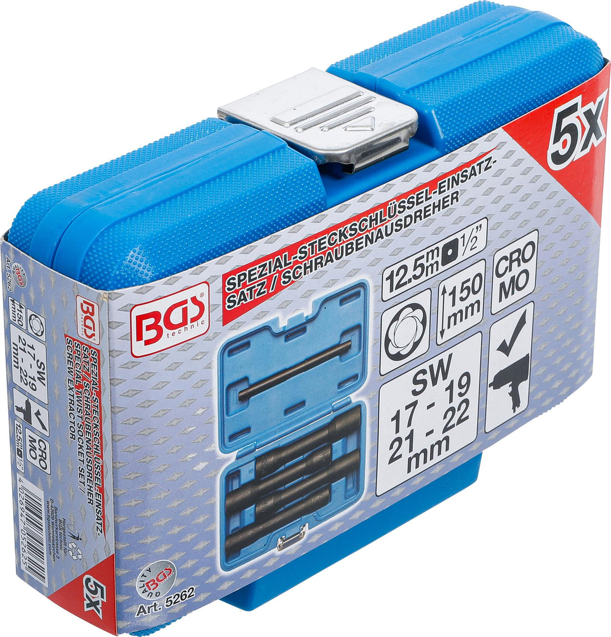 TWIST SOCKET SET (SPIRAL PROFILE) / SCREW EXTRACTOR, DEEP | 12.5 MM (1/2") DRIVE | 17 - 22 MM | 5 PCS. (5262)