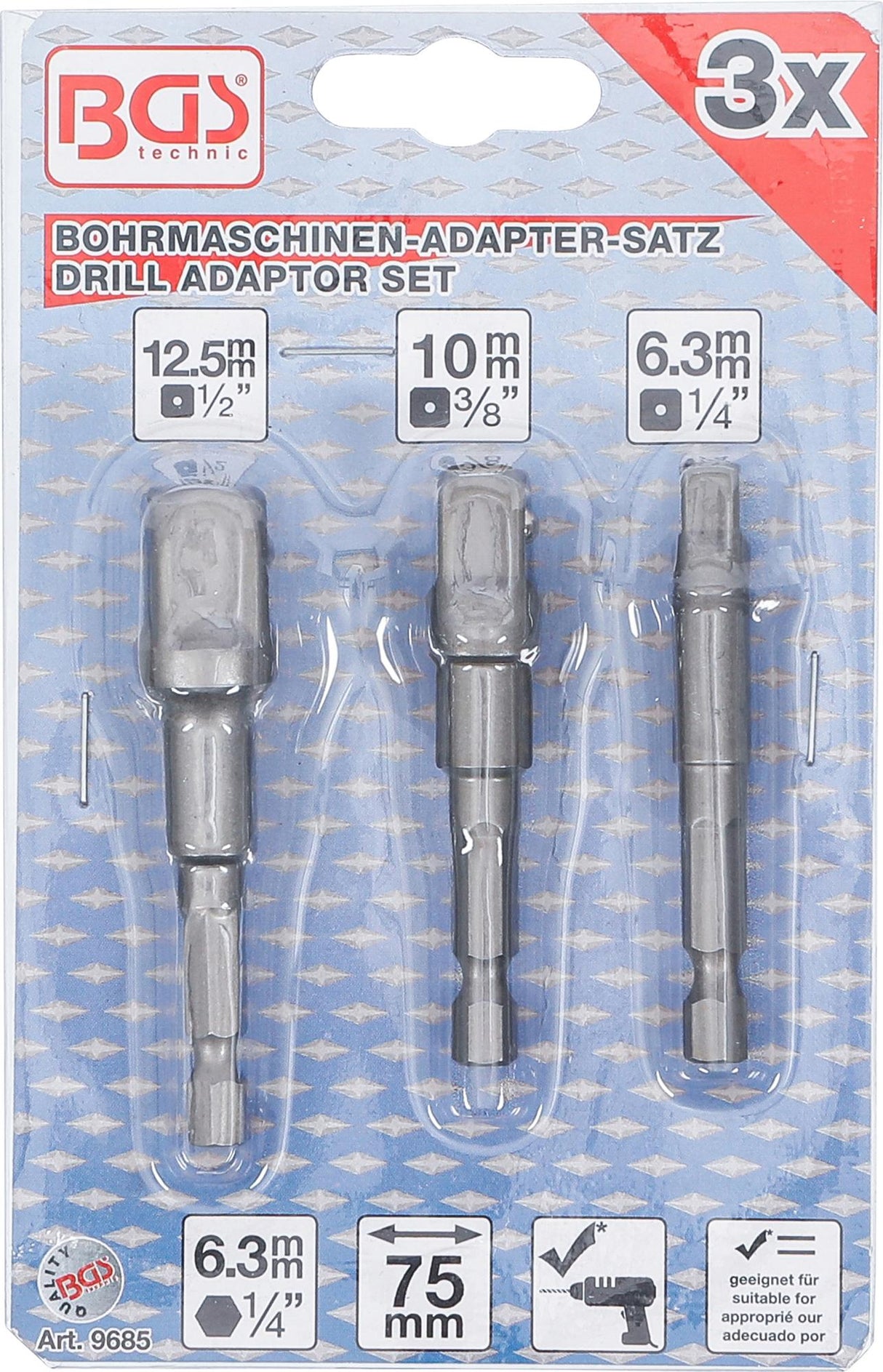 ELECTRIC DRILL ADAPTOR SET | 6.3 MM (1/4") DRIVE | 6.3 MM (1/4") / 10 MM (3/8") / 12.5 MM (1/2") | 3 PCS. (9685)