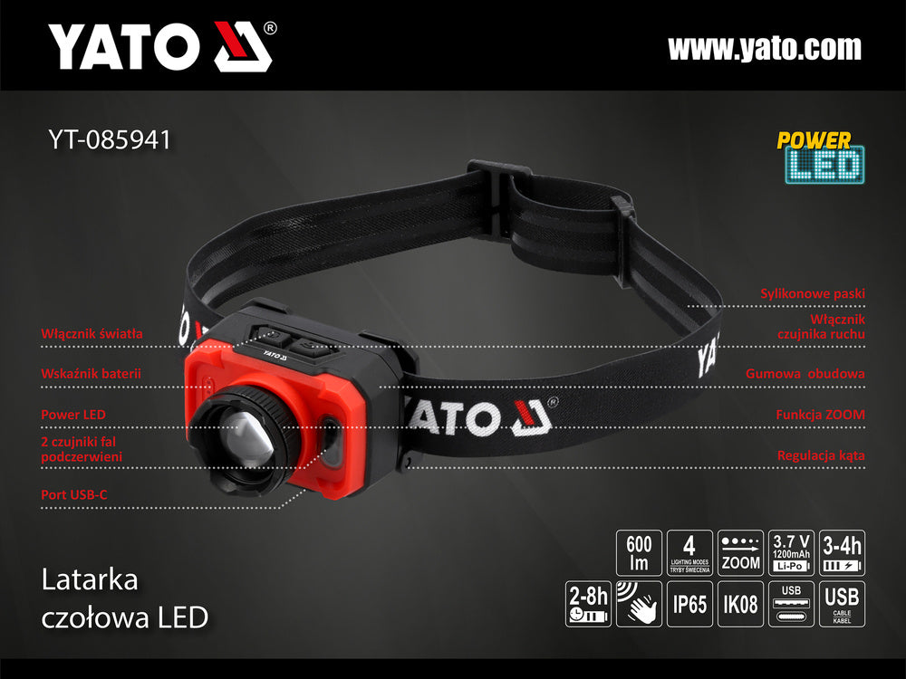 HEADLAMP 600LM RECHARG.,MOTION DETECTOR (YT-085941)