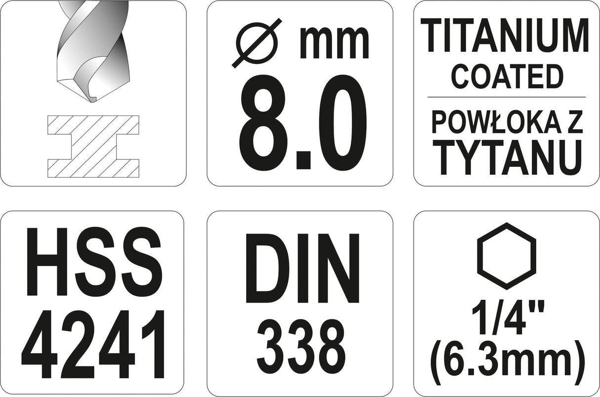 METAL DRILL WITH HEX SHANK 8,0MM TITAN (YT-44768)