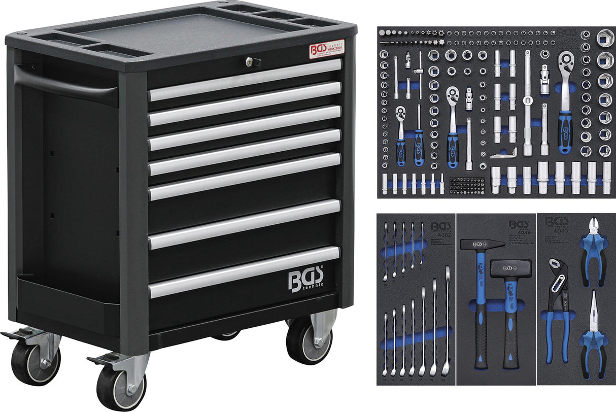 WORKSHOP TROLLEY | 7 DRAWERS | EXTRA LOW TOTAL HEIGHT | WITH 209 TOOLS (4140)