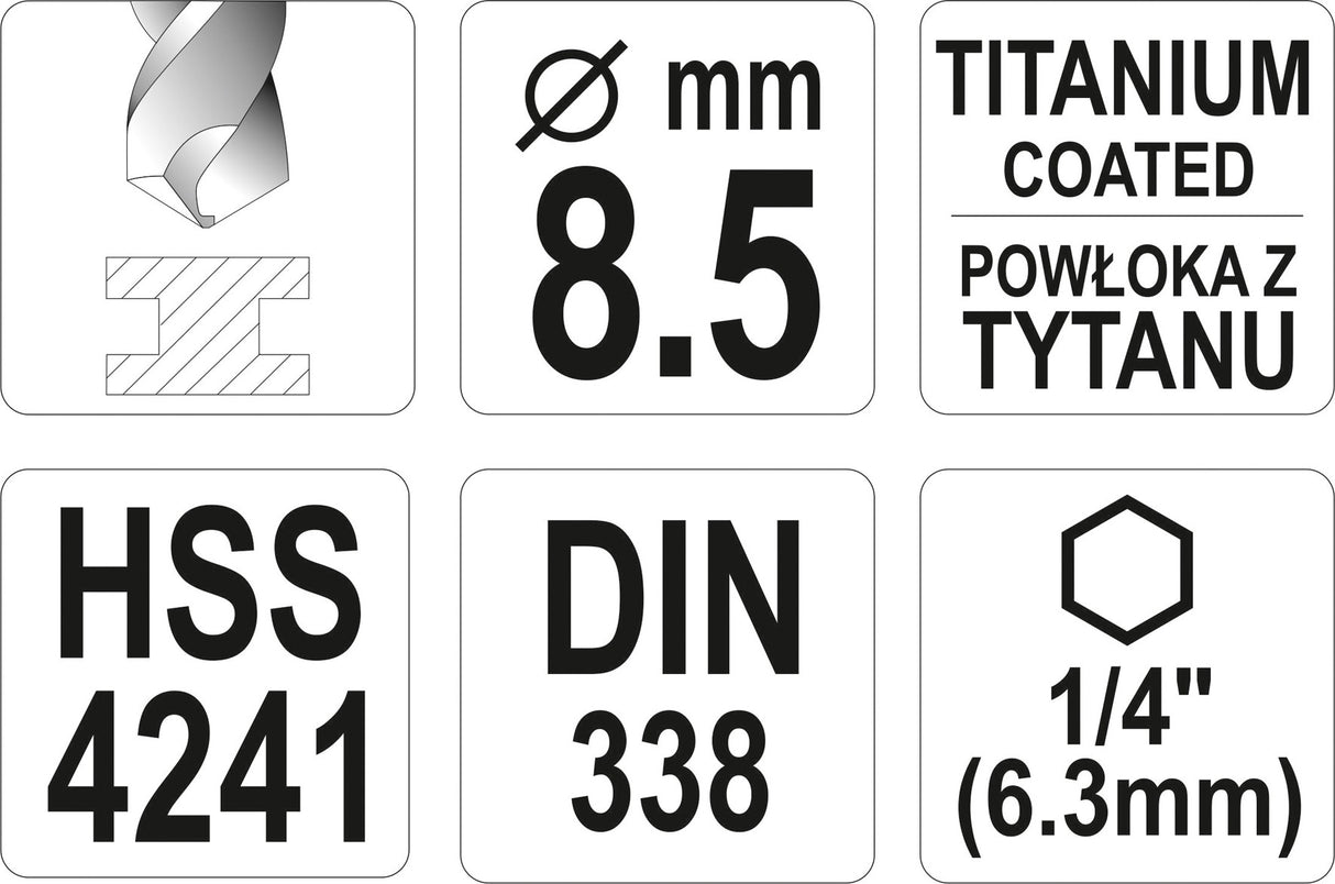 METAL DRILL WITH HEX SHANK 8,5MM TITAN (YT-44769)