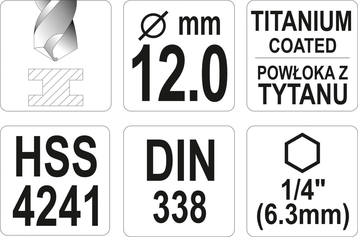 METAL DRILL WITH HEX SHANK 12,0MM TITAN (YT-44774)
