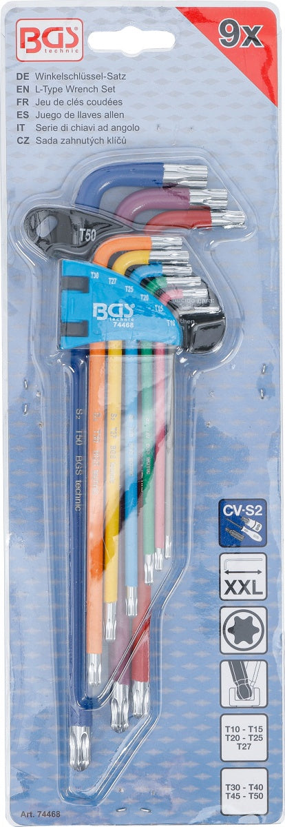 L-TYPE WRENCH SET | MULTICOLOUR | EXTRA LONG | T-STAR (FOR TORX) WITH BALL HEAD T10 - T50 | 9 PCS. (74468B)