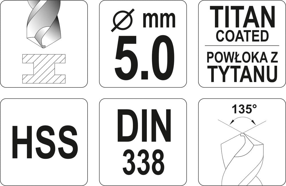 TWIST DRILL BIT HSS-TIN 5 MM (YT-44650)