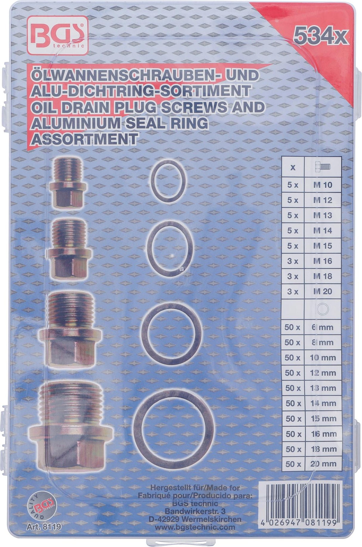 OIL DRAIN PLUG SCREWS AND ALUMINIUM SEAL RING ASSORTMENT | 534 PCS. (8119)