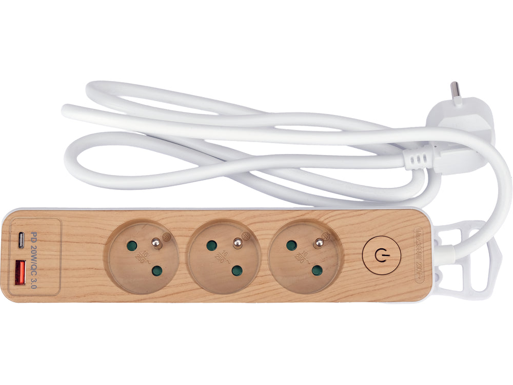 POWER CORD/EXTENSION CORD WITH GROUND (WOOD IMITATION) | 3 SOCKETS + USB | 1.0 MM2 | 1.4 M (72343)