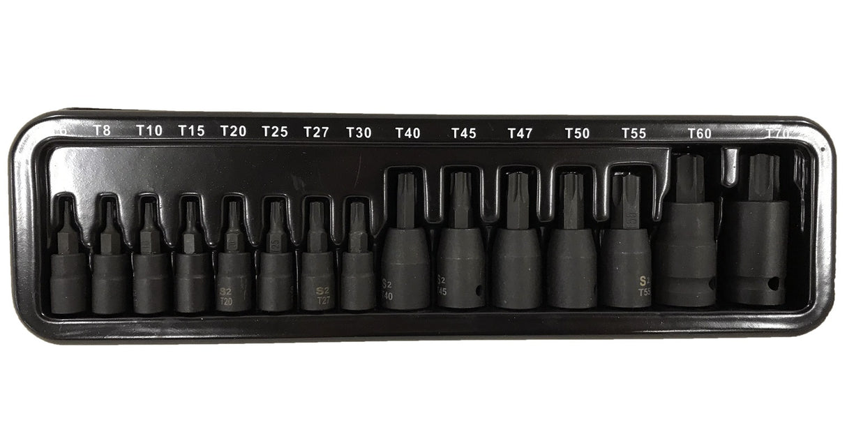 IMPACT BITS | 6.3 MM (1/4") / 10 MM (3/8") / 12.5 MM (1/2") | T-STAR (TORX) T6 - T70 | 15 PCS. (S1115)