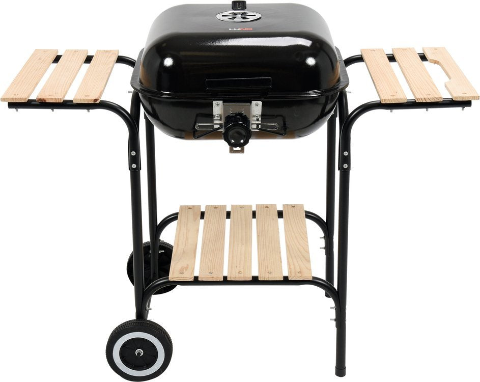 OUTDOOR BARBECUE / GRILL | WITH LID AND GRATES | WOODEN SHELVES (99581)