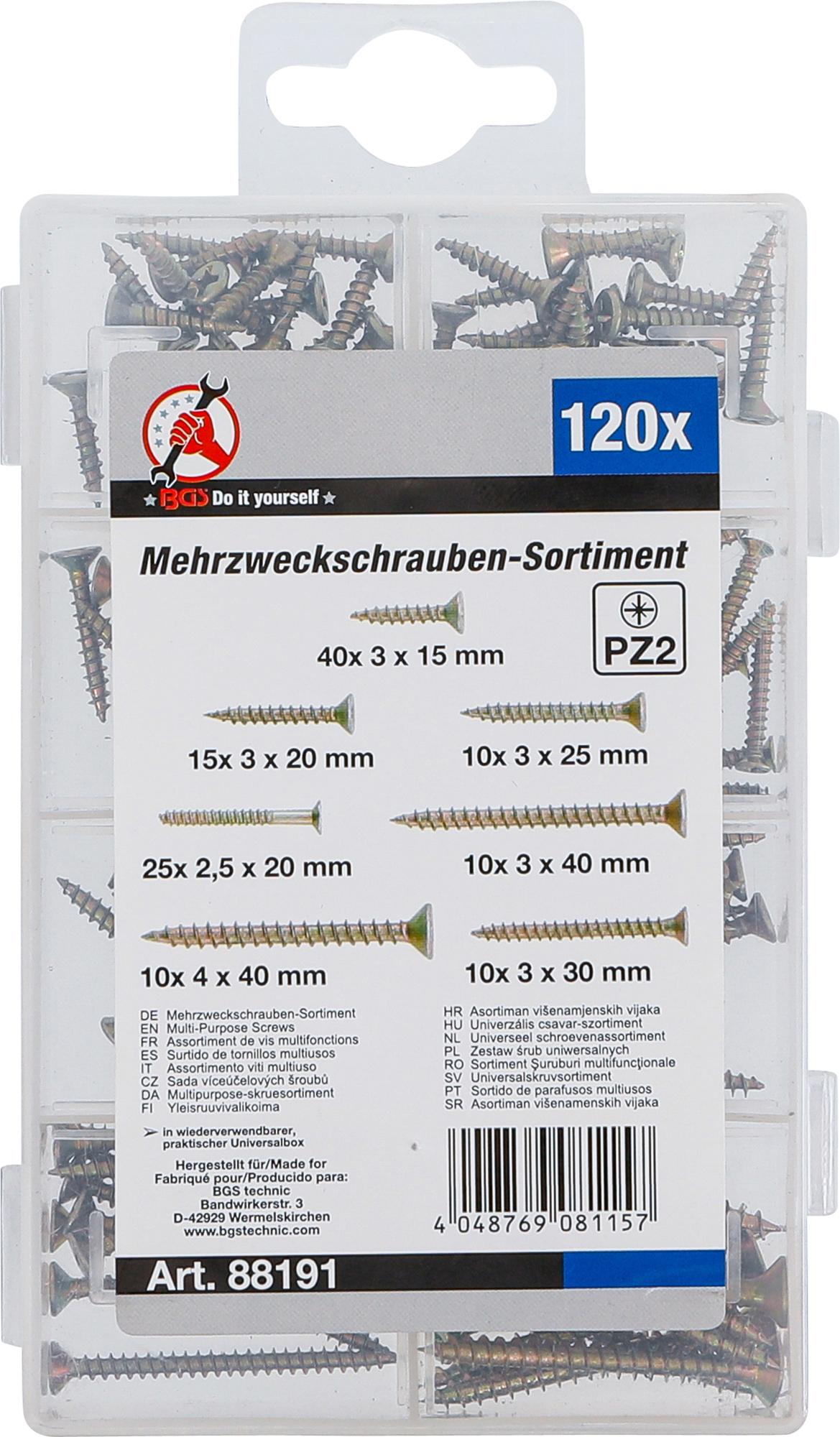 MULTI-PURPOSE SCREW SET | CROSS SLOT PZ2 | 120 PCS. (88191)