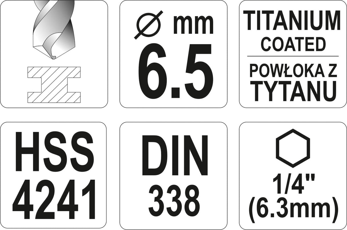 METAL DRILL WITH HEX SHANK 6,5MM TITAN (YT-44765)