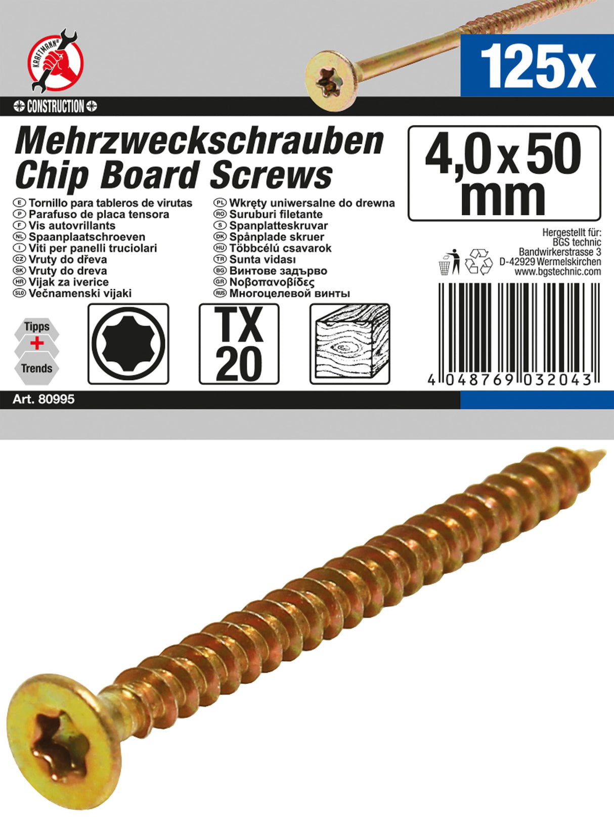 MULTI-PURPOSE SCREWS | T-STAR (FOR TORX) T20 | 4.0 X 50 MM | 125 PCS. (80995)
