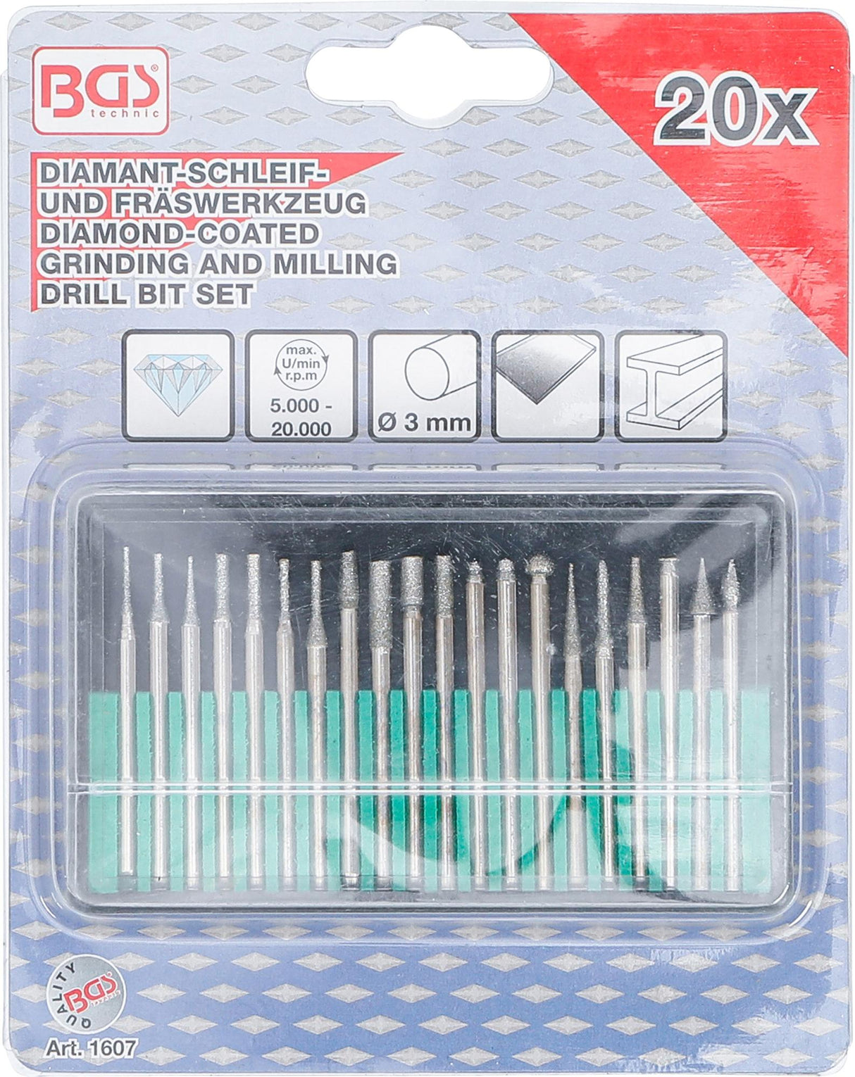 DIAMOND-COATED GRINDING AND MILLING DRILL BIT SET | 20 PCS. (1607)