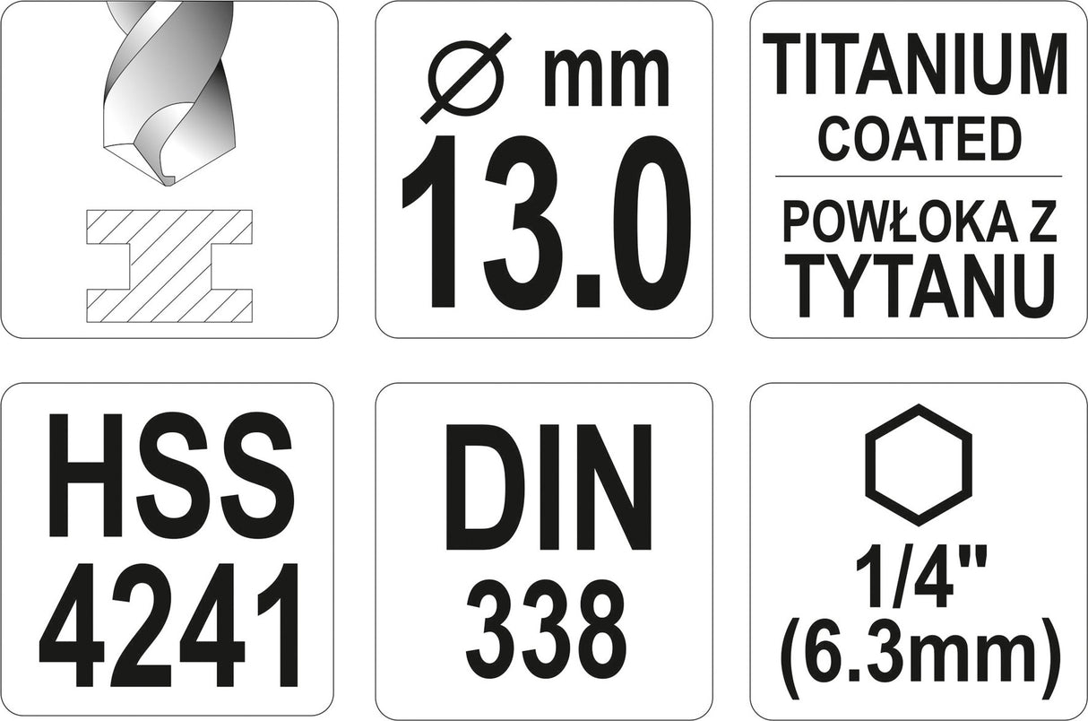 METAL DRILL WITH HEX SHANK 13,0MM TITAN (YT-44776)