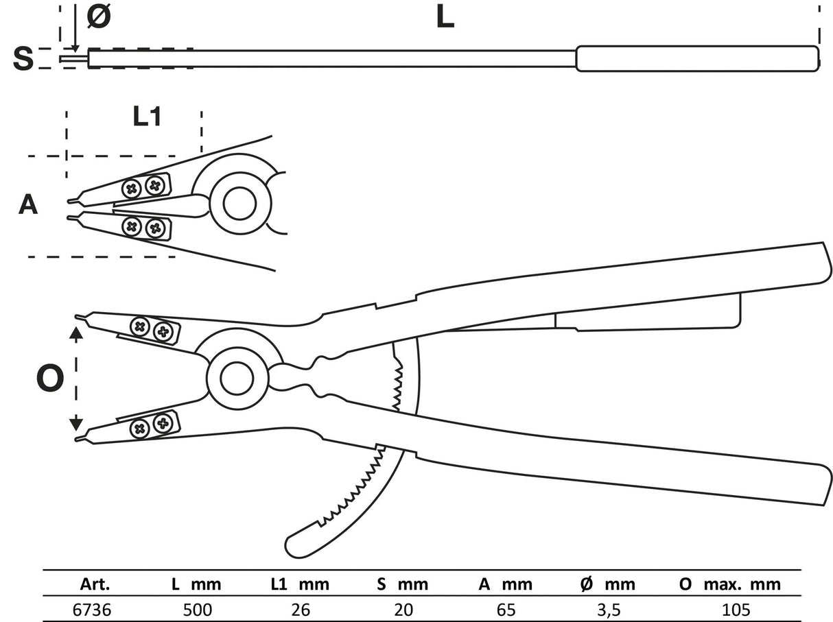 CIRCLIP PLIERS | STRAIGHT | FOR OUTSIDE CIRCLIPS | 500 MM (6736)
