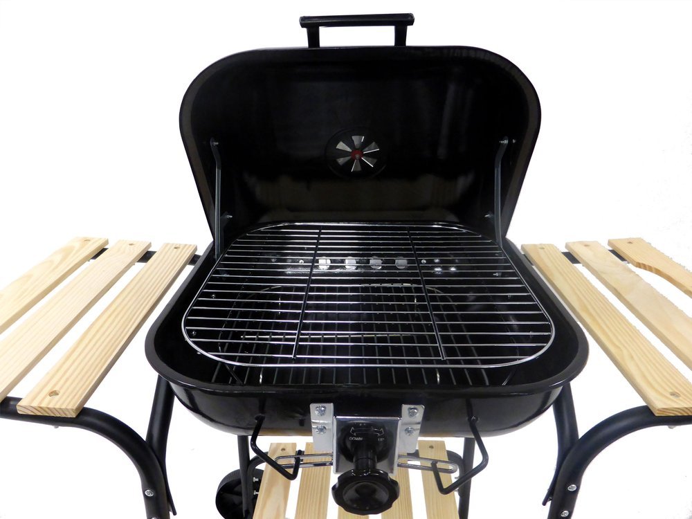 OUTDOOR BARBECUE / GRILL | WITH LID AND GRATES | WOODEN SHELVES (99581)