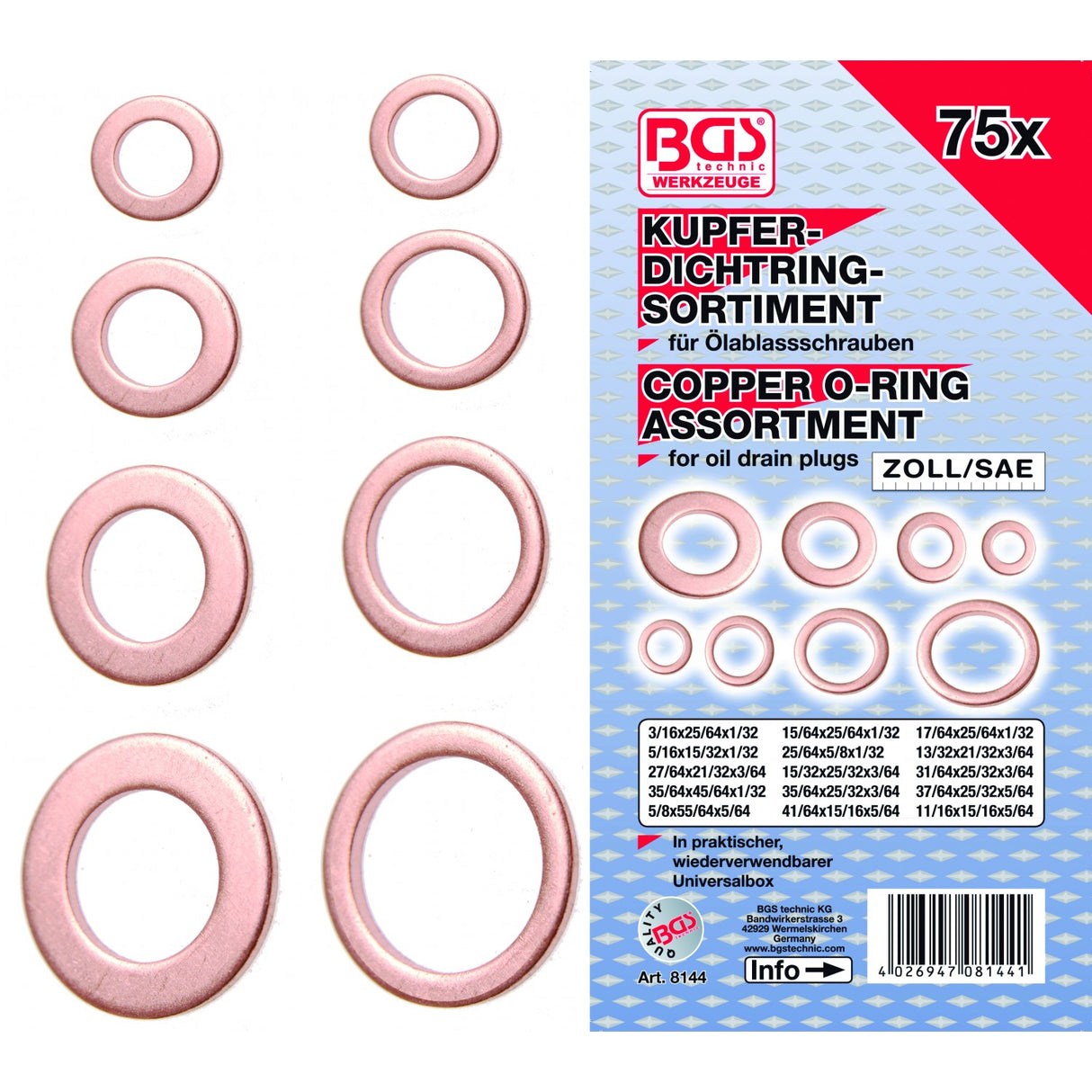 SEAL RING ASSORTMENT | COPPER | INCH SIZES | FOR OIL DRAIN PLUGS | 75 PCS. (8144)