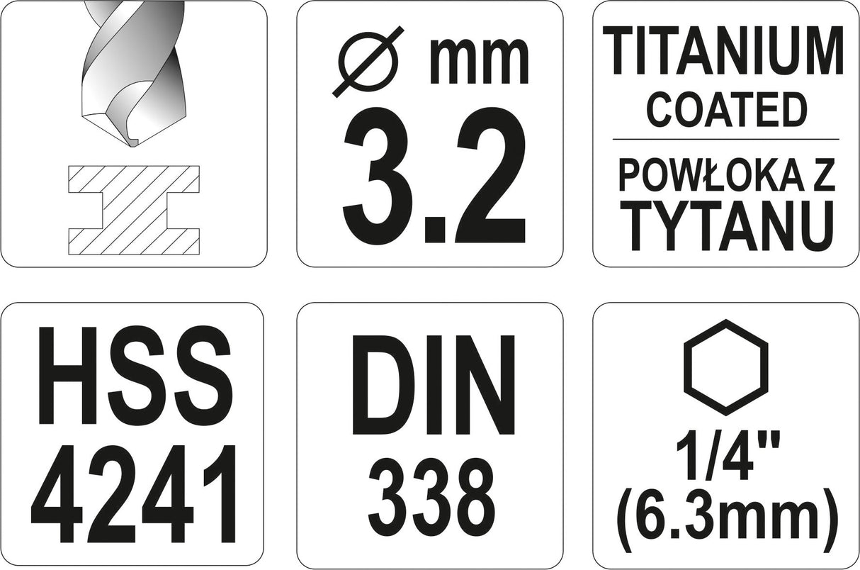 METAL DRILL WITH HEX SHANK 3,2MM TITAN (YT-44755)