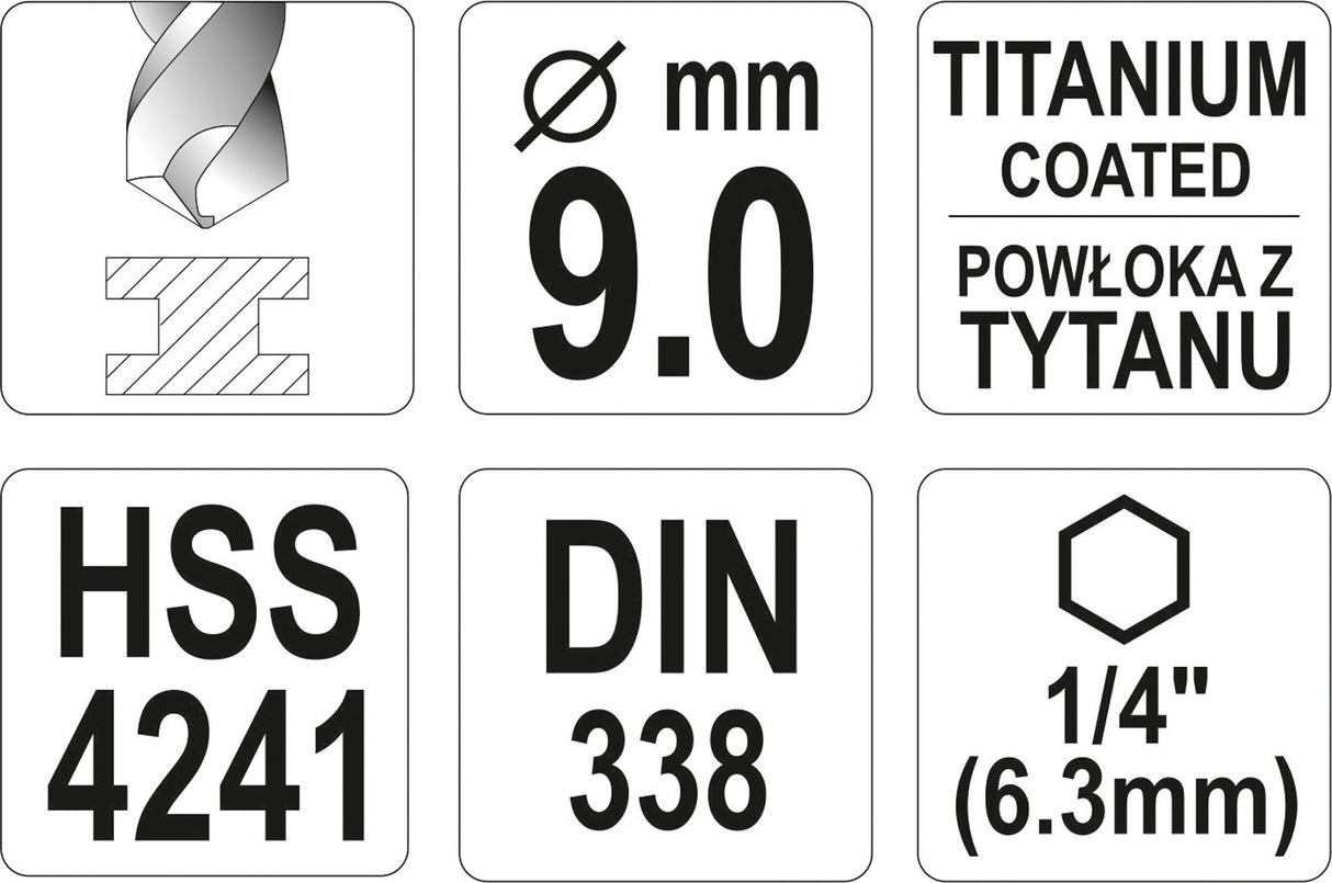 METAL DRILL WITH HEX SHANK 9,0MM TITAN (YT-44770)