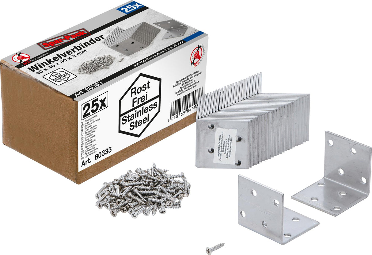 ANGLE JOINT | STAINLESS STEEL | 40 X 40 X 40 MM | ECONOMY PACK | 25 PCS. (80333)