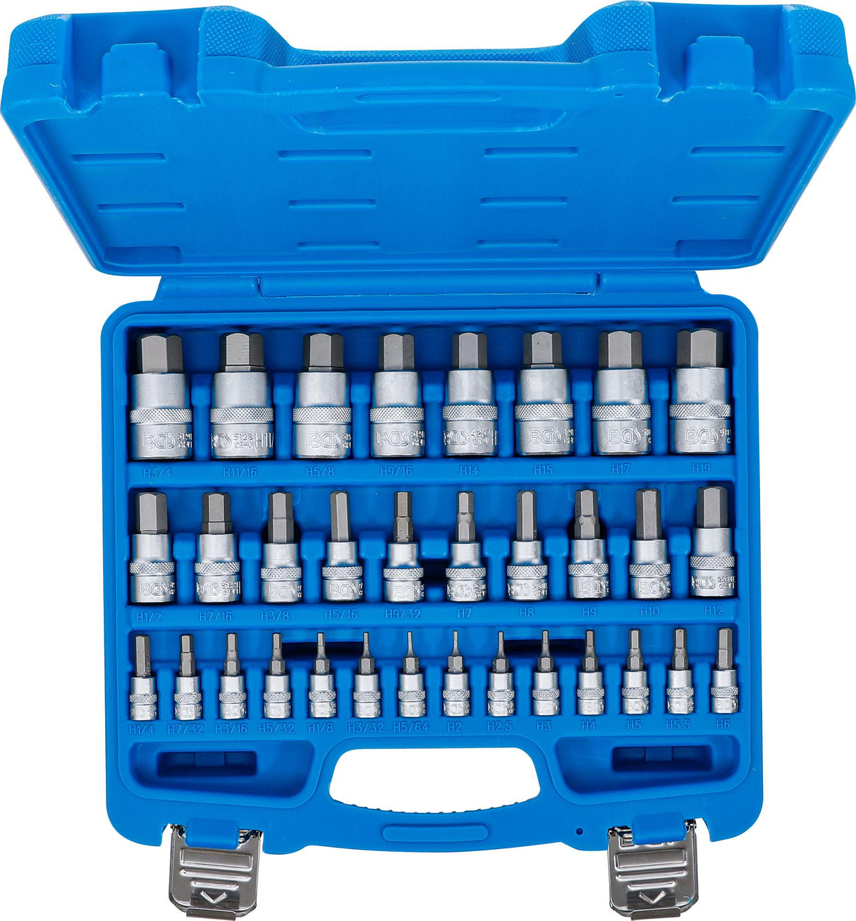 BIT SOCKET SET | 6.3 MM (1/4) / 10 MM (3/8") / 12.5 MM (1/2") DRIVE | INTERNAL HEXAGON 2 - 19 MM / 1/4 - 9/16" | METRIC AND INCH SIZES | 32 PCS. (74258)