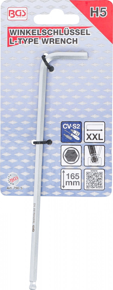 L-TYPE WRENCH | EXTRA LONG | INTERNAL HEXAGON / INTERNAL HEXAGON WITH BALL HEAD 5 MM (790-5)