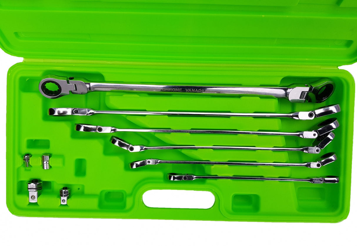 DOUBLE-SIDED LONG RATCHET WRENCHES | FLEX HEAD | WITH ADAPTERS | 8X9 - 17X19 MM | 10 PCS. (FMT10)