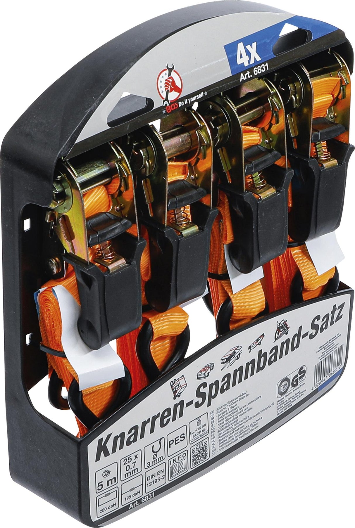 RATCHET TIE DOWN STRAP SET | WITH SOLID HOOKS | 5 M X 25 MM | 4 PCS. (6831)