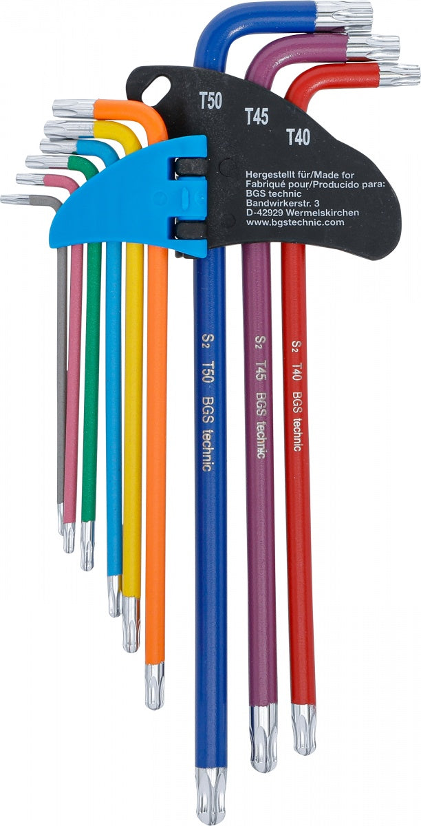 L-TYPE WRENCH SET | MULTICOLOUR | EXTRA LONG | T-STAR TAMPERPROOF (FOR TORX) WITH BALL HEAD T10 - T50 | 9 PCS. (74465)