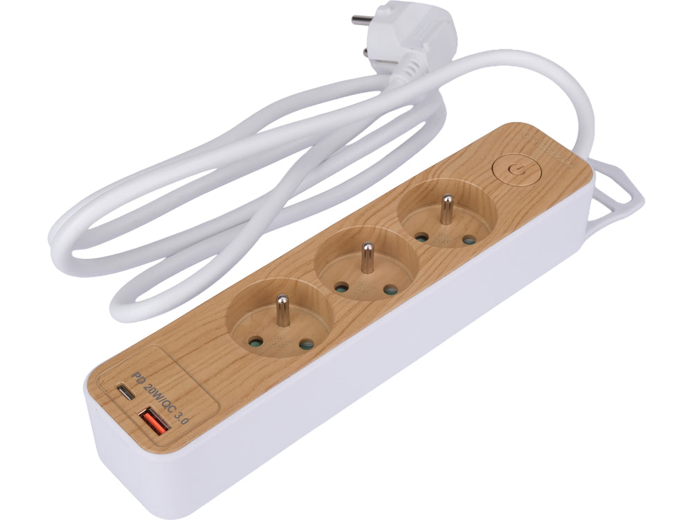 POWER CORD/EXTENSION CORD WITH GROUND (WOOD IMITATION) | 3 SOCKETS + USB | 1.0 MM2 | 1.4 M (72343)