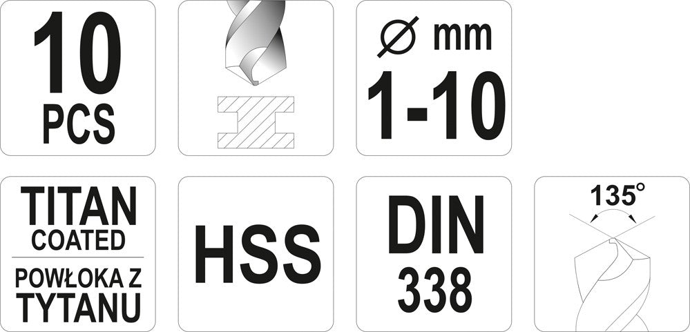 TWIST DRILL BIT SET HSS-TIN 10PCS 1-10MM (YT-44674)