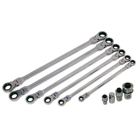 DOUBLE-SIDED LONG RATCHET WRENCHES | FLEX HEAD | WITH ADAPTERS | 8X9 - 17X19 MM | 10 PCS. (FMT10)