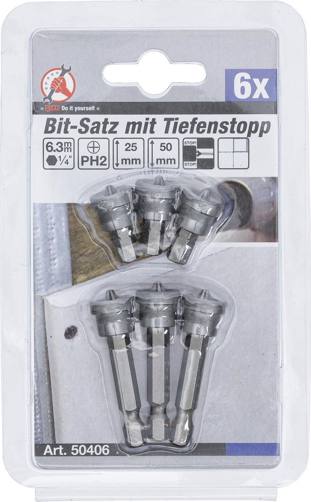 BIT SET WITH DEPTH STOP | FOR PLASTERBOARD | 6.3 MM (1/4") DRIVE | CROSS SLOT PH 2 | 6 PCS. (50406)