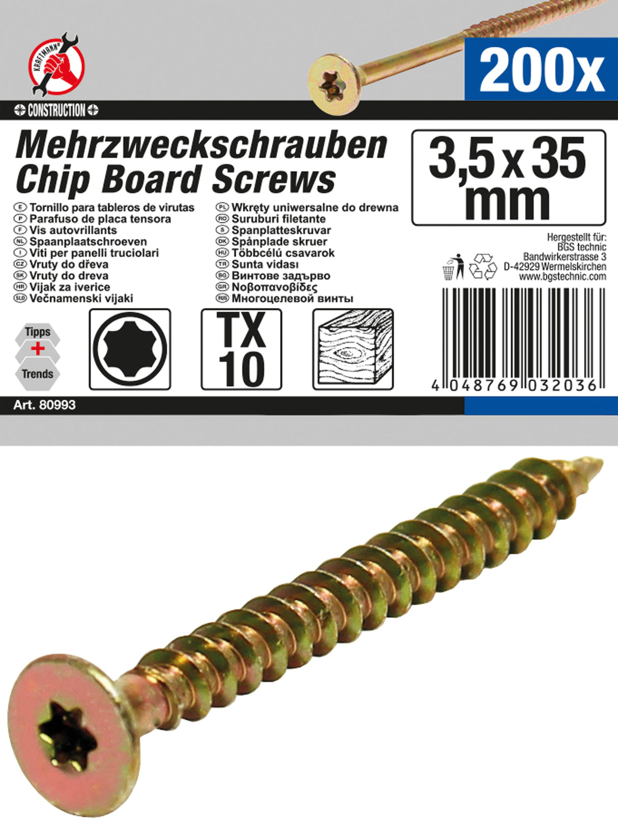 MULTI-PURPOSE SCREWS | T-STAR (FOR TORX) T10 | 3.5 X 35 MM | 200 PCS. (80993)