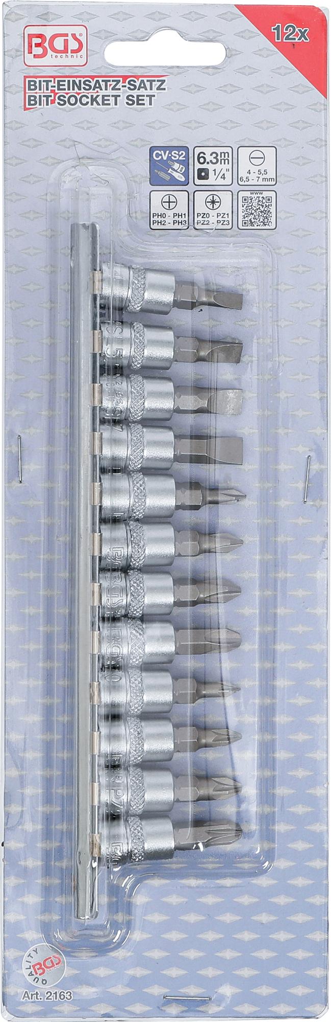 BIT SOCKET SET | 6.3 MM (1/4") DRIVE | SLOT SL, CROSS SLOT PH, CROSS SLOT PZ | 12 PCS. (2163)