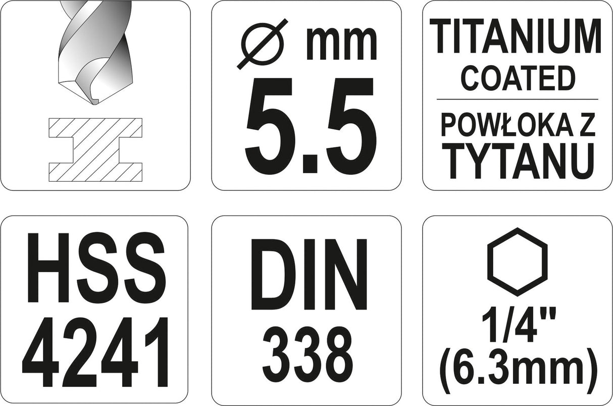 METAL DRILL WITH HEX SHANK 5,5MM TITAN (YT-44763)