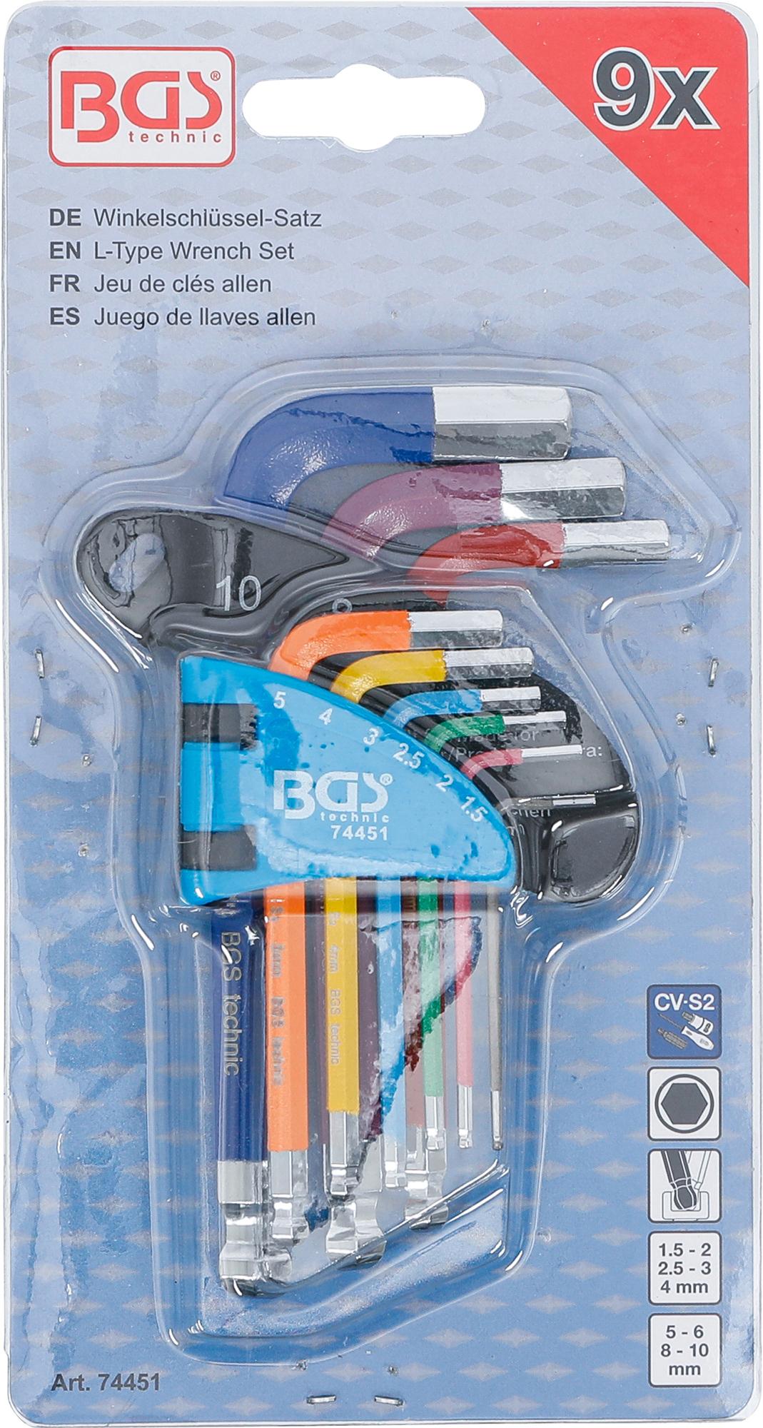 L-TYPE WRENCH SET | MULTICOLOUR | SHORT | INTERNAL HEXAGON, INTERNAL HEXAGON WITH BALL HEAD 1.5 - 10 MM | 9 PCS. (74451B)