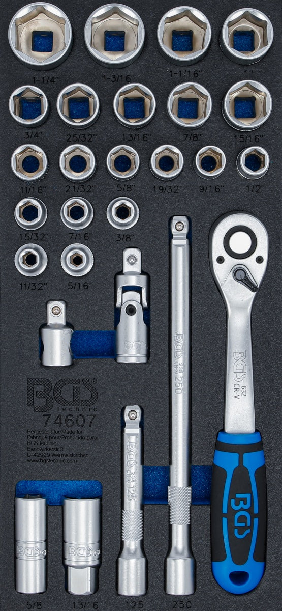 TOOL TRAY 1/3: SOCKET SET | INCH SIZES | 12.5 MM (1/2") | 27 PCS. (74607)