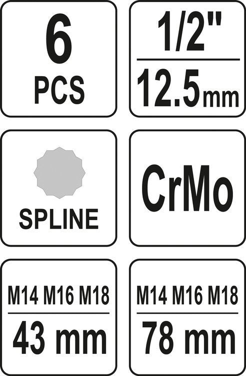 SPLINE IMPACT SOCKET SET 1/2" (YT-10652)