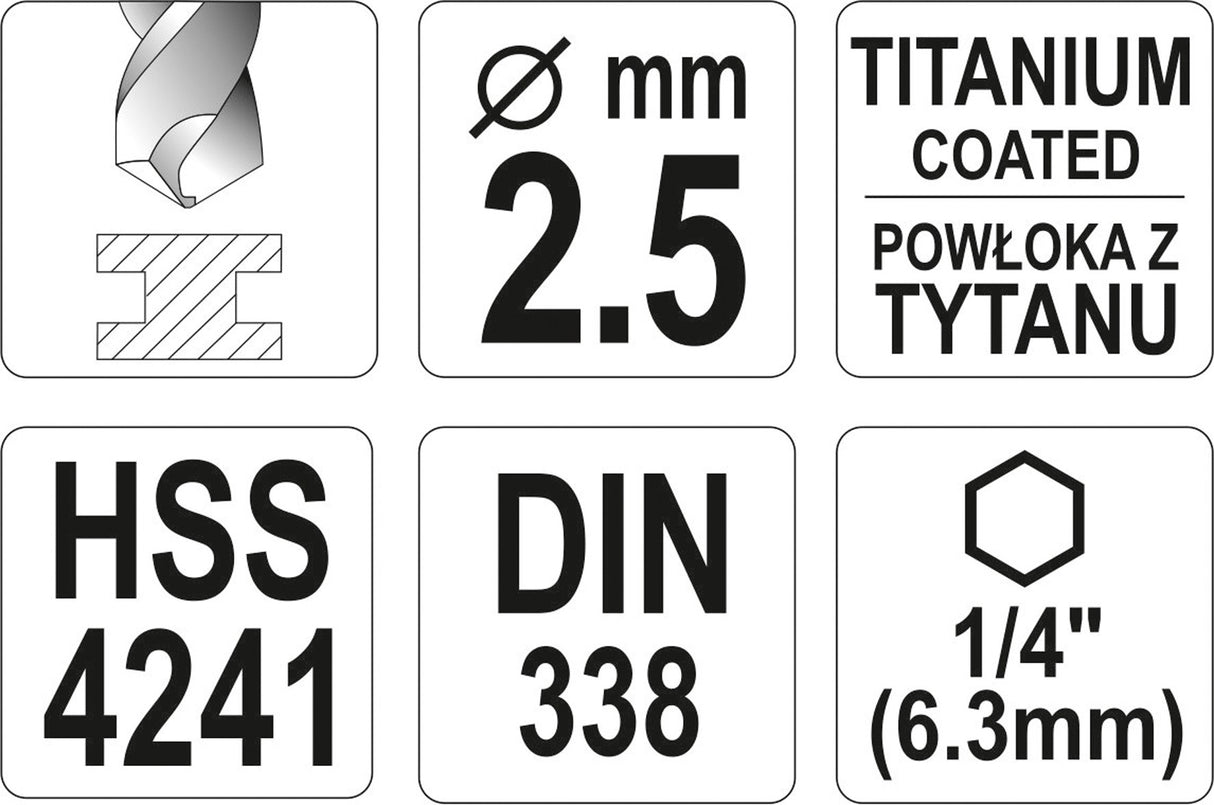 METAL DRILL WITH HEX SHANK 2,5MM TITAN (YT-44752)
