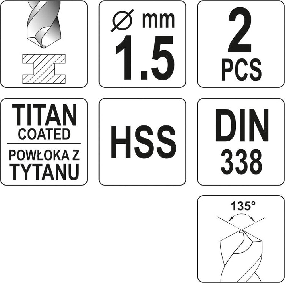 TWIST DRILL BIT HSS-TIN 1,5 MM - 2 PCS (YT-44631)