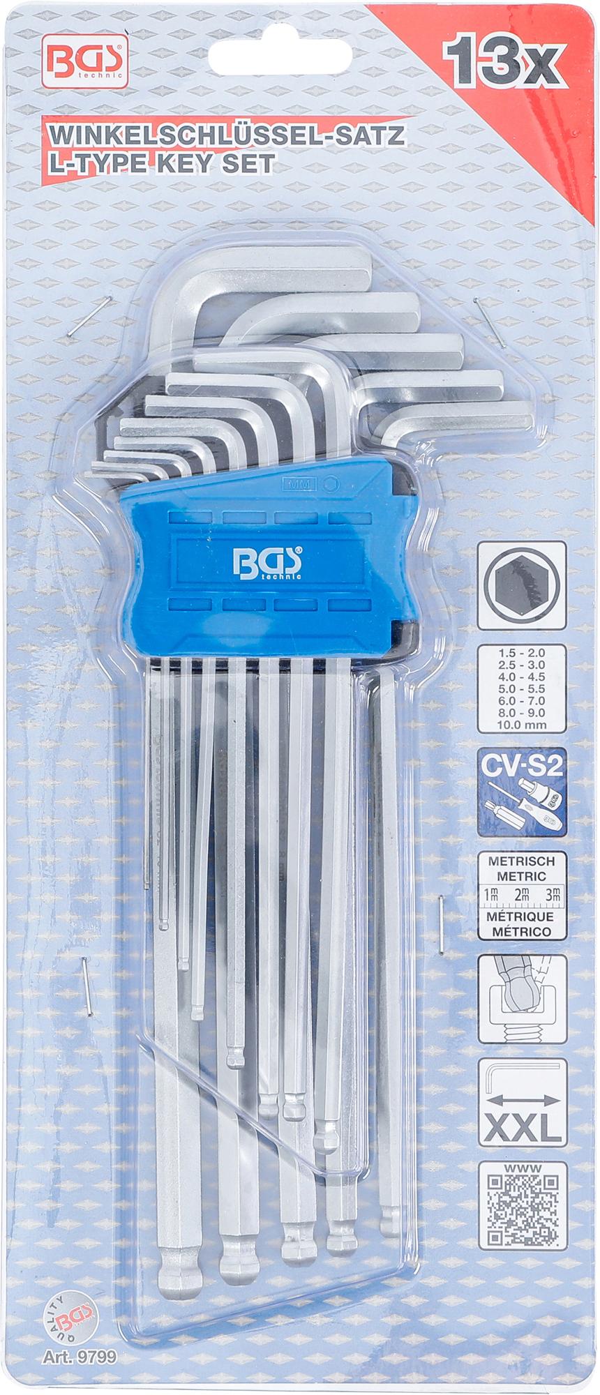 L-TYPE WRENCH SET | EXTRA LONG | INTERNAL HEXAGON / INTERNAL HEXAGON WITH BALL HEAD 1.5 - 10 MM | 13 PCS. (9799)