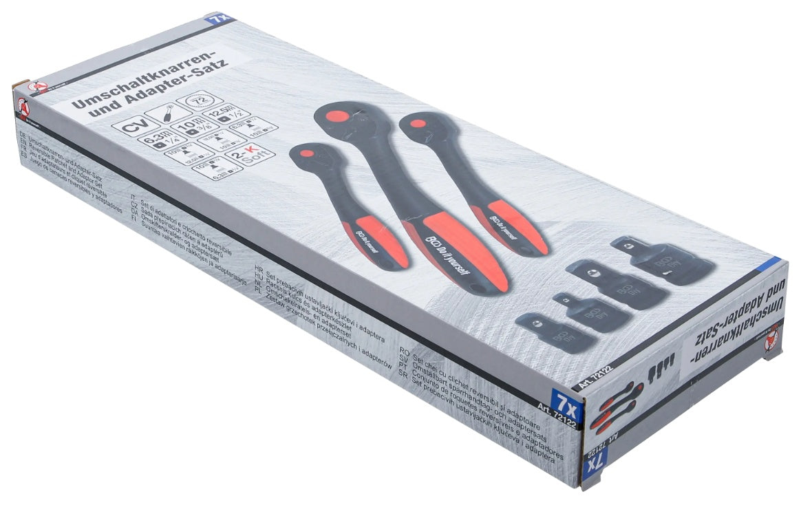 REVERSIBLE RATCHET SET WITH ADAPTERS | 6.3 MM (1/4") - 10 MM (3/8") - 12.5 MM (1/2") | 7 PCS (72122)