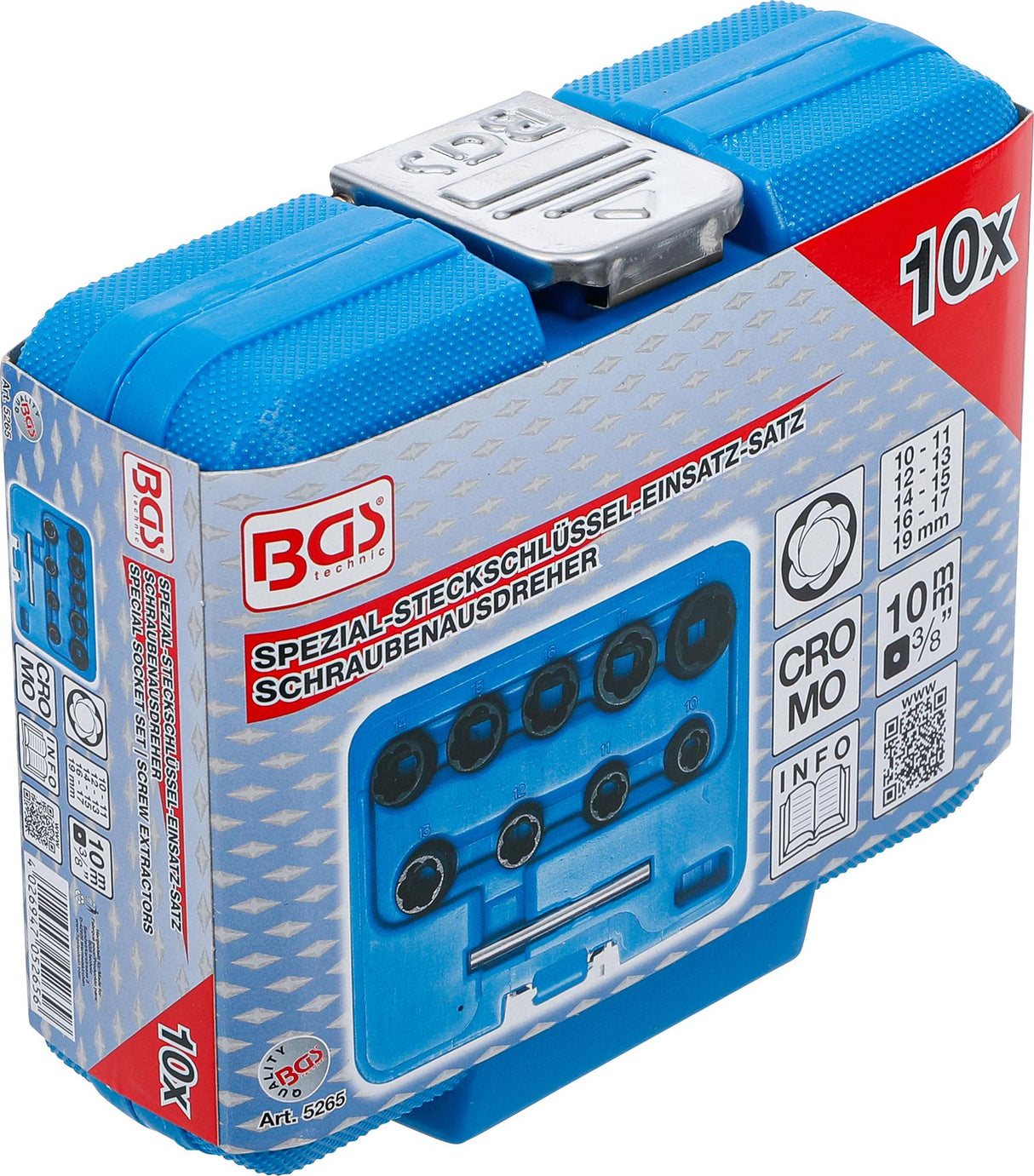 TWIST SOCKET SET (SPIRAL PROFILE) / SCREW EXTRACTOR | 10 MM (3/8") DRIVE | 10 - 19 MM | 10 PCS. (5265)