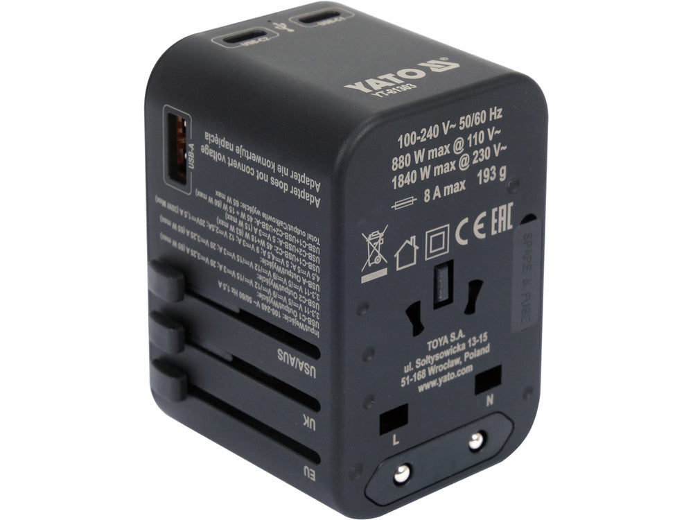 TRAVEL ADAPTER UNIV. USB, USB-C 65W (YT-81303)