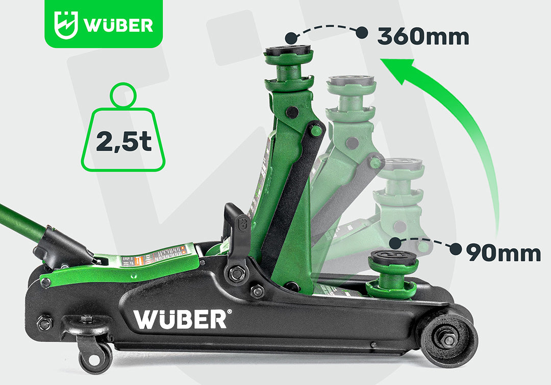 LOW PROFILE HYDRAULIC FLOOR JACK WITH WHEELS WÜBER W22001 | 90-360 MM | 2.5 T (W22001)