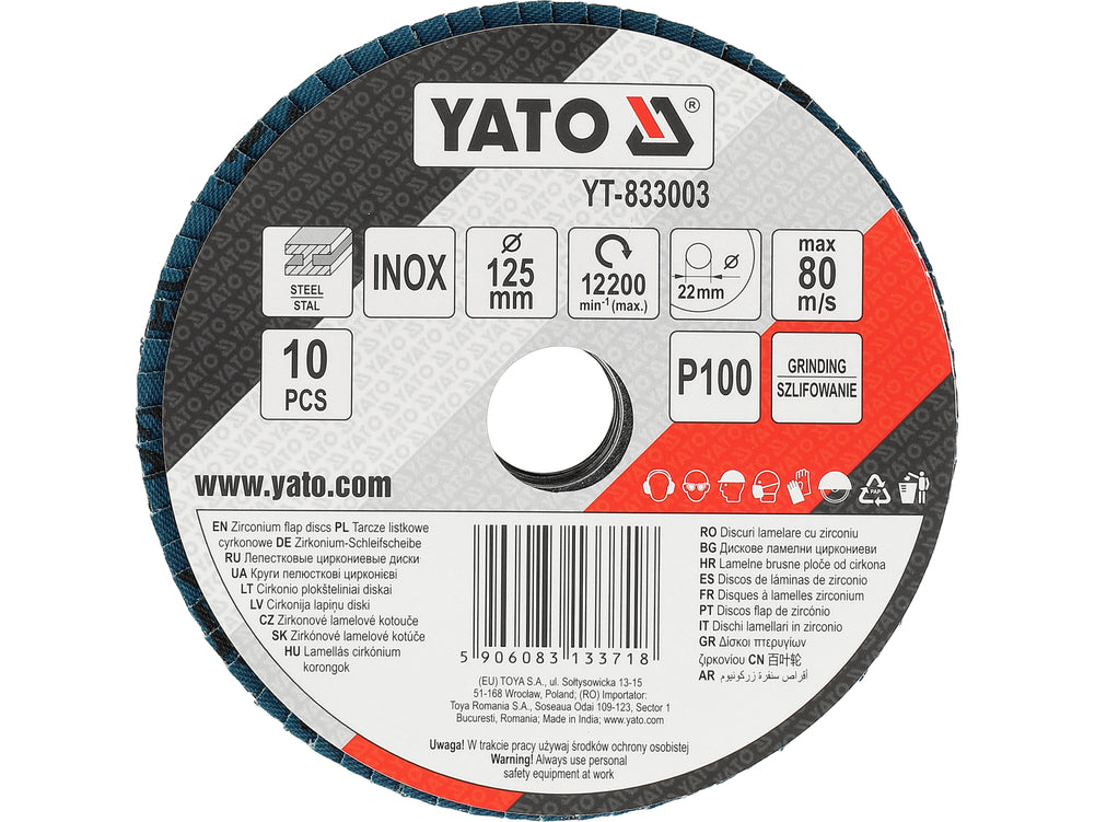 FLAP SANDING DISC | ZIRCONIUM | P100 | 125X22mm | 10 PCS (YT-833003)