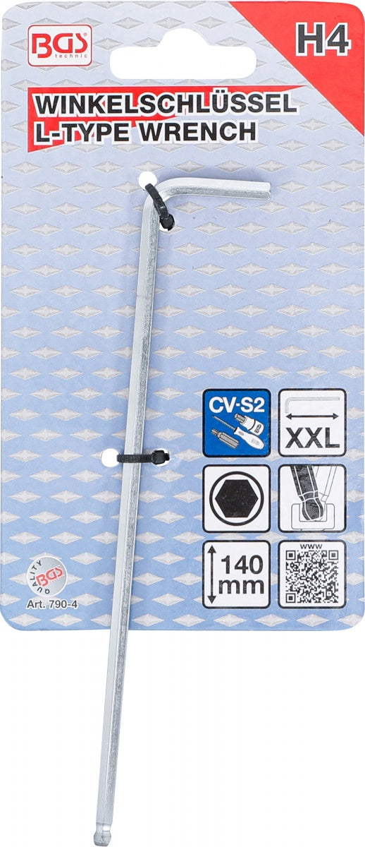 L-TYPE WRENCH | EXTRA LONG | INTERNAL HEXAGON / INTERNAL HEXAGON WITH BALL HEAD 4 MM (790-4)